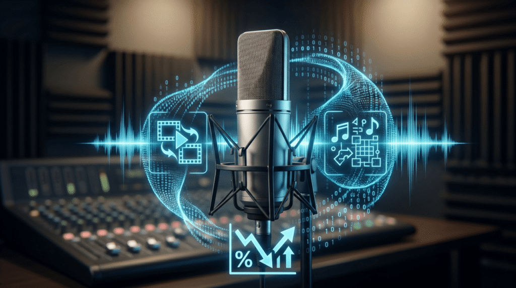 Profesjonalna produkcja piosenki na życzenie i reklamy AI w studio Viral Sound – wizualizacja optymalizacji kosztów audio-wideo.